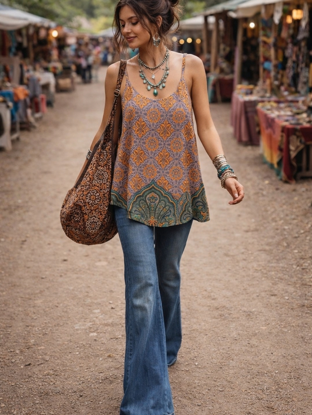 Boho Print Spaghetti-Strap Tank Top in Mustard & Green